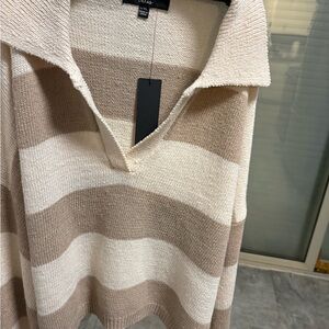 Lulu's Striped V-Neck Collared Sweater in Beige & Cream